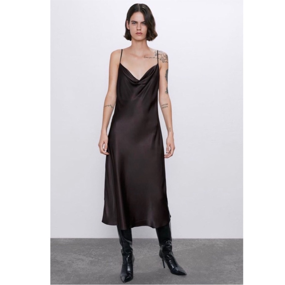 NWT ZARA SLIP DRESS satin brown chocolate 🍫 cowl neck MIDI XS 0 2 4 silky Y2K